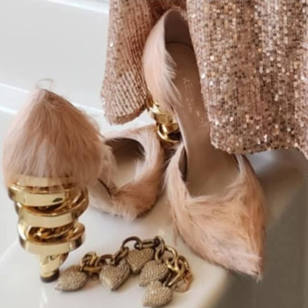 KEEYAHRI Jenine PINK Fairytale Pointed Toe d'Orsay Pump adorned with FEATHERS